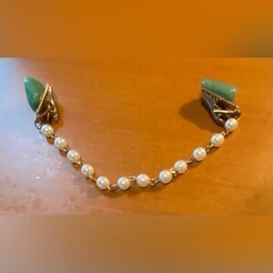 Gold Tone Green Stone Faux Pearl Sweater Guard Cardigan Clip Pin 7”
